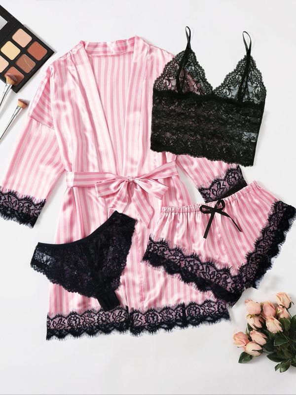 Women's Contrast Lace Belted Satin Pyjama Set, Backless Crop Cami Top & Wrap Robe & Elastic Waist Shorts & Panty Set, Sleepwear Set for Women, Pajama Sets Women