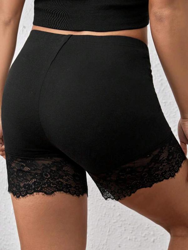 Women's Plus Size Contrast Lace Short Leggings, Casual Black Elastic Waist Skinny Safety Shorts, Ladies Bottoms for Summer