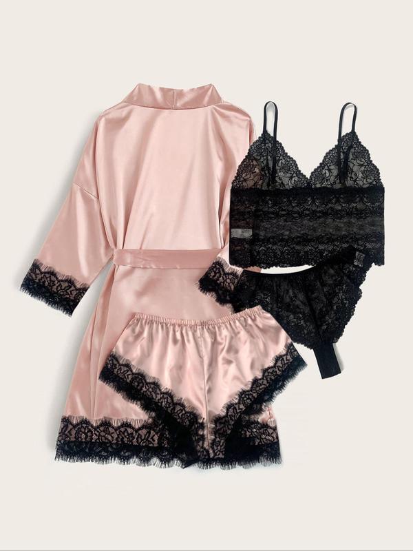 Women's Contrast Lace Belted Satin Pyjama Set, Backless Crop Cami Top & Wrap Robe & Elastic Waist Shorts & Panty Set, Sleepwear Set for Women, Pajama Sets Women