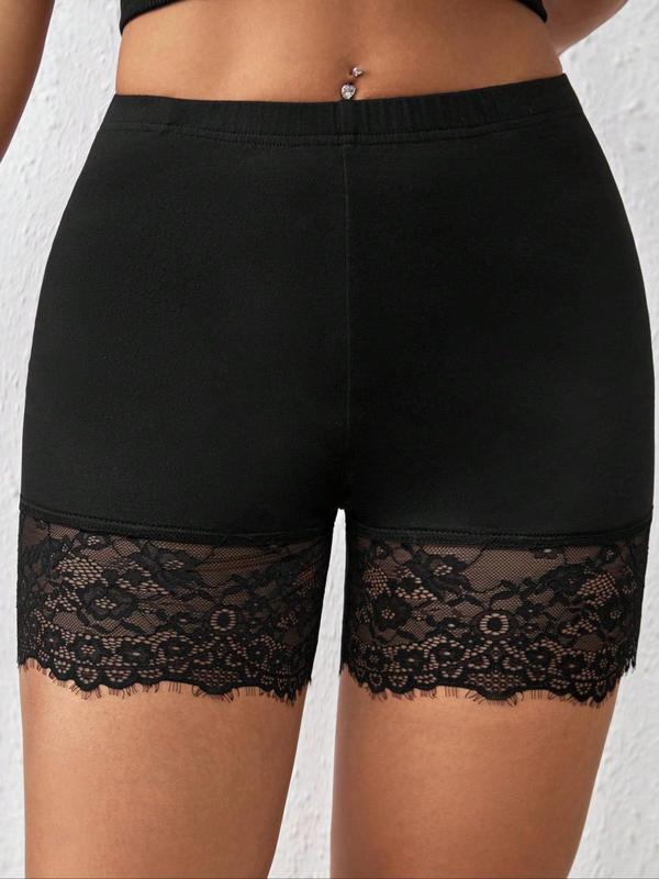 Women's Plus Size Contrast Lace Short Leggings, Casual Black Elastic Waist Skinny Safety Shorts, Ladies Bottoms for Summer