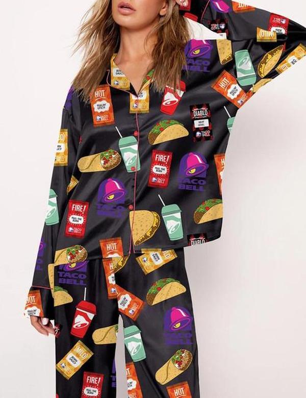 Taco Bell Pajamas Set, Pajamas Print Comfy Satin Sleepwear & Loungewear For Women, Pjs Long Sleeve Top & Shorts