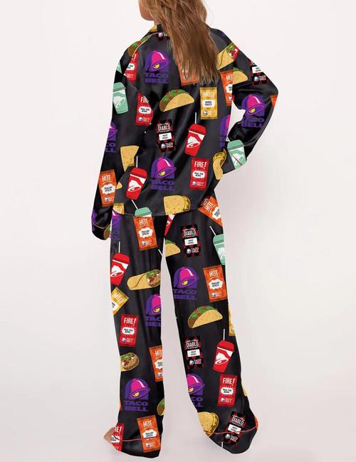 Taco Bell Pajamas Set, Pajamas Print Comfy Satin Sleepwear & Loungewear For Women, Pjs Long Sleeve Top & Shorts