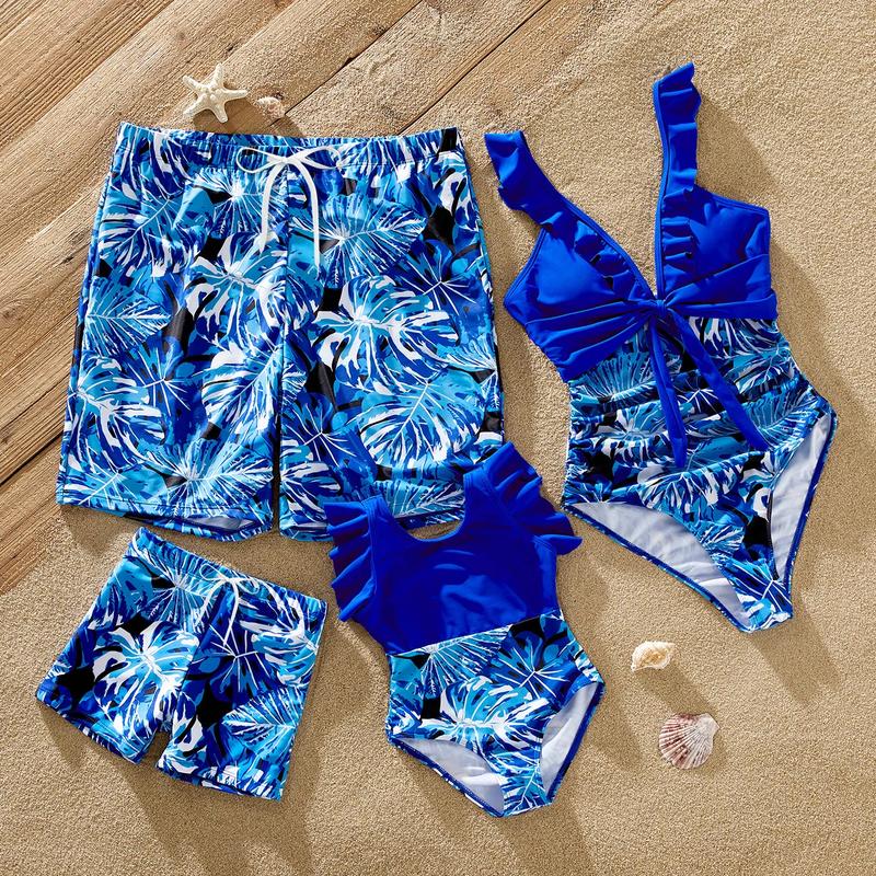 PatPat Family Matching Plant Print Swim Trunks and Blue Ruffle Trim Spliced One-piece Swimsuit