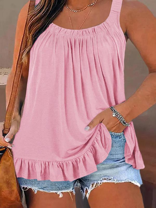 Plus Size Solid Scoop Neck Ruffle Hem Tank Top, Casual Sleeveless Top for Summer, Back To School Clothes, Women's Clothing for Daily Wear