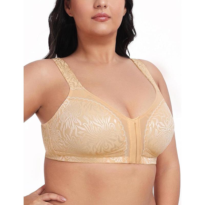 Women's Front Closure Minimizer Bra Full Coverage Wirefree Comfort Bras Non Padded Plus Size Lace Womenswear