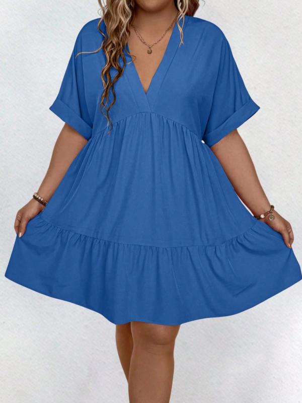  Plain V Neck Batwing Sleeve Ruffle Hem Smock Dress, Casual Short Sleeve V Neck Dress for Daily Outdoor Wear, Summer Casual Wear Clothes, Women Back To School Clothing for All Seasons, Summer Dresses 2024, Dresses for Women