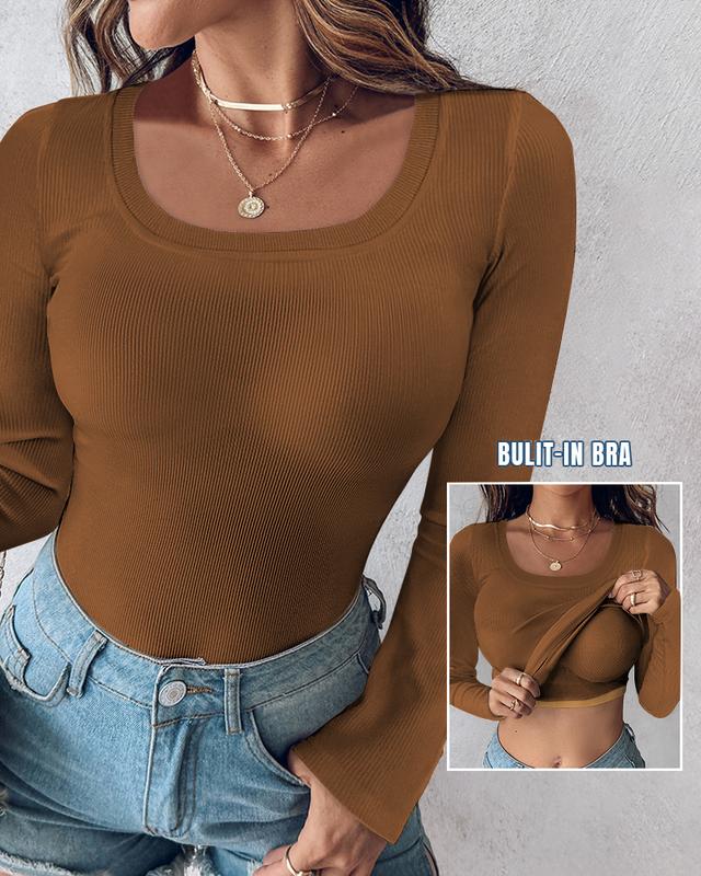 Chicme U-Neck Built-in Bra Long Sleeve Ribbed Top