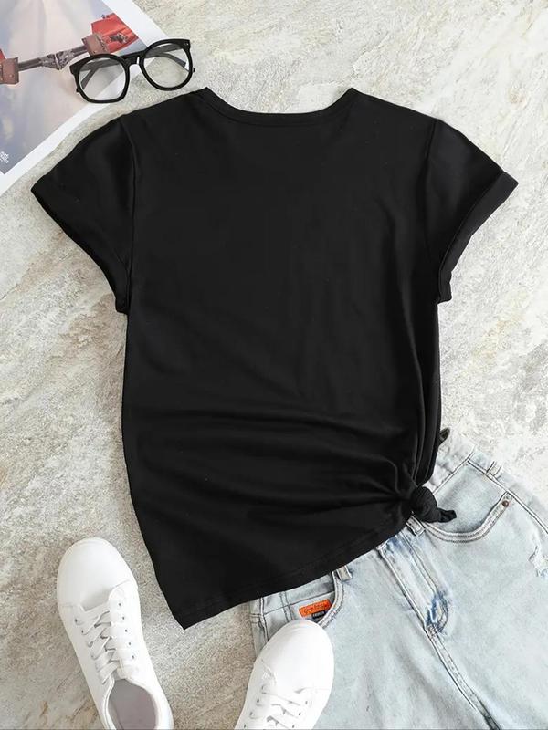 Women's Letter & Figure Print Round Neck Tee, Vintage Short Sleeve Crew Neck T-Shirt, Graphic Tees, Ladies Clothes for Summer