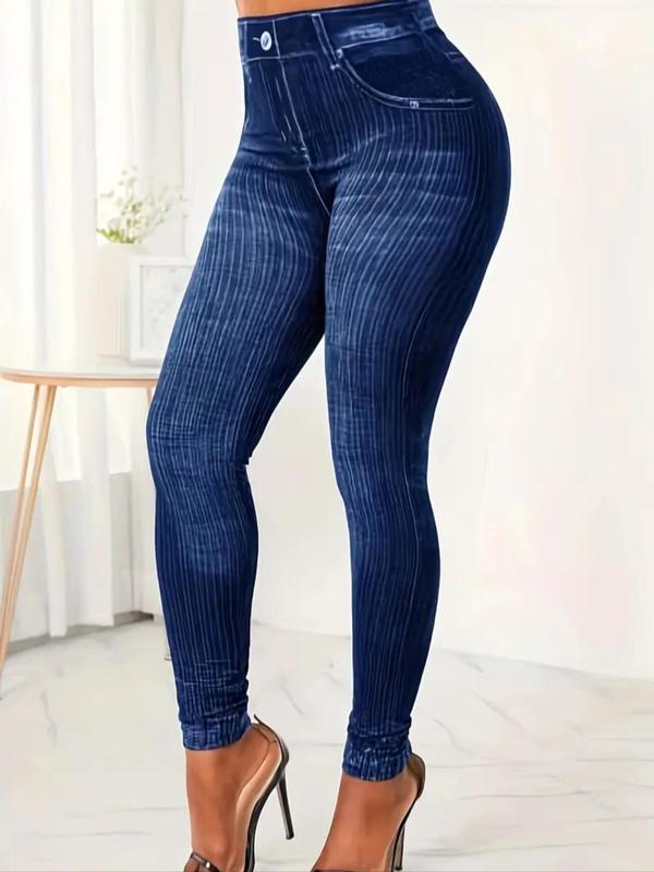 Women's Denim-Effect Print High Waist Vintage Leggings, Casual Comfy Elastic Waist Skinny Pants for Daily Wear, Ladies Bottoms for All Seasons