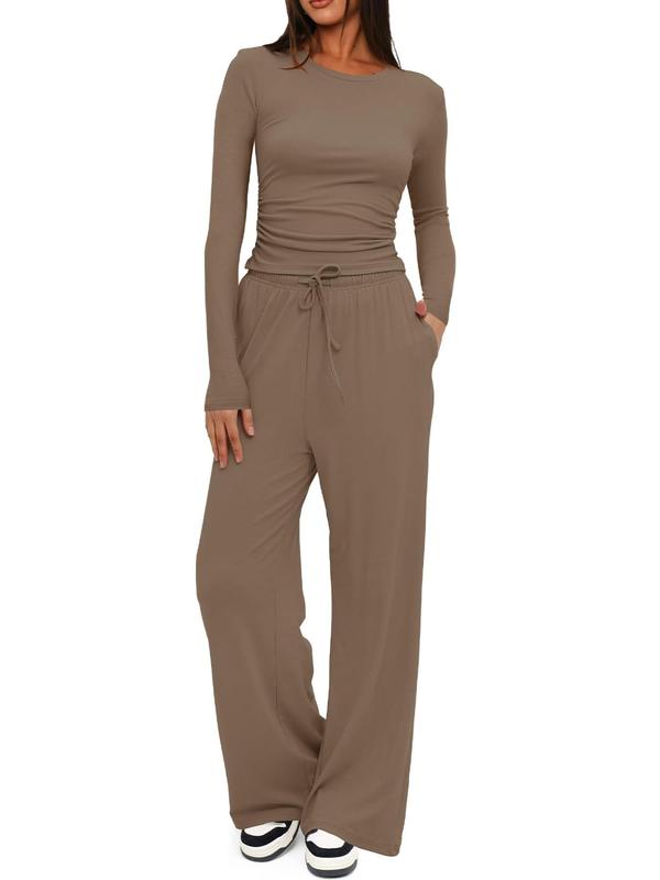 Two-piece Set Women's Solid Ruched Tee & Drawstring Pocket Pants Pajamas Set, Casual Long Sleeve T-shirt & Elastic Waist Trousers, Ladies Sleepwear for All Seasons