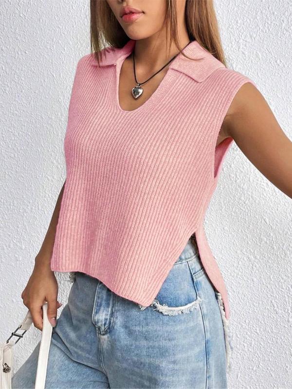 Women's Plain Split Hem Sweater Vest, Casual Solid Collar Sleeveless Knitwear Top for Summer, Knit Tank Tops for Women, Fashion Ladies' Knit Clothing for Daily Wear,  Downtown Girl Clothes