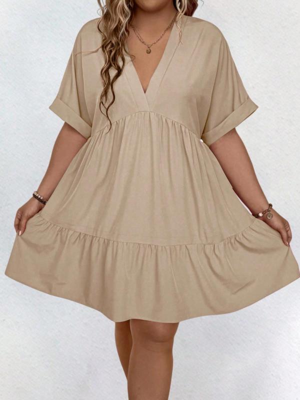  Plain V Neck Batwing Sleeve Ruffle Hem Smock Dress, Casual Short Sleeve V Neck Dress for Daily Outdoor Wear, Summer Casual Wear Clothes, Women Back To School Clothing for All Seasons, Summer Dresses 2024, Dresses for Women