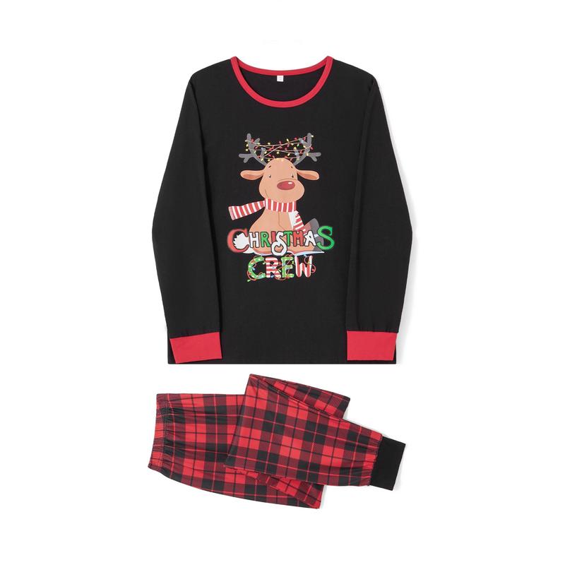 Christmas Family Matching Pajamas Set Elk Print Long Sleeve Shirt and Red Plaid Pants Loungewear Soft Sleepwear Outfits for Parent-Child Mom Dad Kids Baby Holiday Pjs Sets