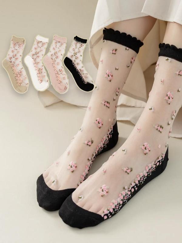 Women's 4 Pairs Ditsy Floral Print Contrast Mesh Frill Trim Crew Socks, Casual Comfy Breathable Sheer Mid-calf Socks for Daily Wear, Ladies Socks for All Seasons