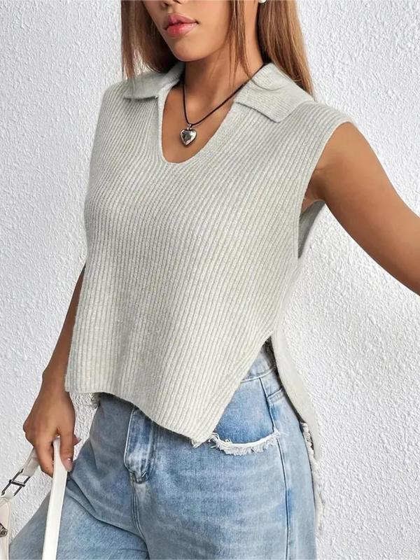 Women's Plain Split Hem Sweater Vest, Casual Solid Collar Sleeveless Knitwear Top for Summer, Knit Tank Tops for Women, Fashion Ladies' Knit Clothing for Daily Wear,  Downtown Girl Clothes