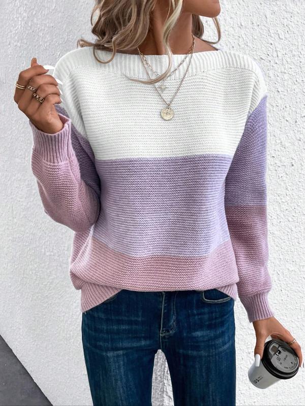 Women's Colorblock Print Sweater, Casual Long Sleeve Jumper for Fall & Winter, Fashion Ladies' Knitwear for Daily Wear