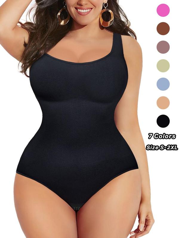  Solid Scoop Neck Shapewear Tank Bodysuit, Casual High Stretch Comfy Breathable Shaper, Women's Shapewear for All Seasons, Bodysuits for Women, Tummy Control Bodysuit, Plus Size Clothing