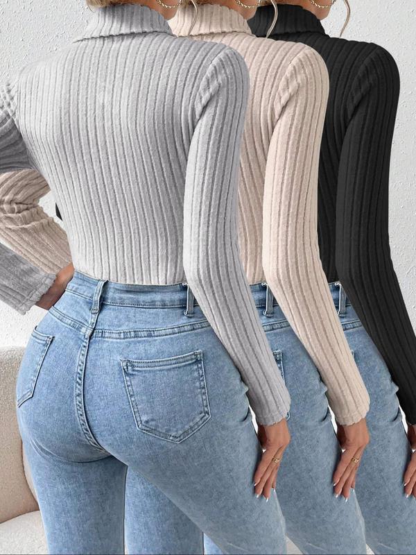 Women's Solid Long Sleeve Ribbed Bodysuit, Casual High Neck Tops Bodysuit for Daily Outdoor Wear, Women's Clothes Tummy Control Bodysuit, Basic Minimalist Comfort Longsleeves Womenswear for Lady, Fall Gift Bodycon  North West Body Suit