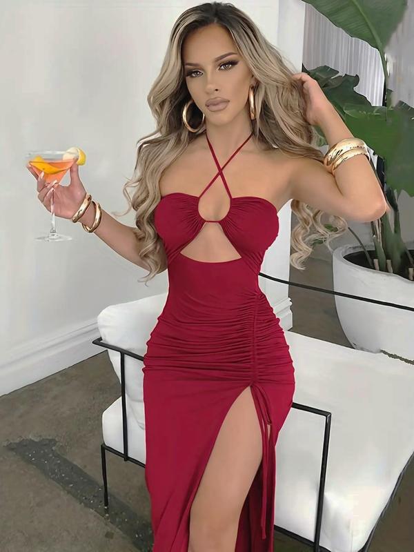 Women's Plain Criss Cross Drawstring Ruched Split Thigh Bodycon Dress, Summer Dresses, Backless Cut Out Halter Long Dress, Dresses for Women, Party Nightclub Clothes, Back To School Clothes, Sun Dresses, Women's Fall Clothing, Birthday Dresses 2024