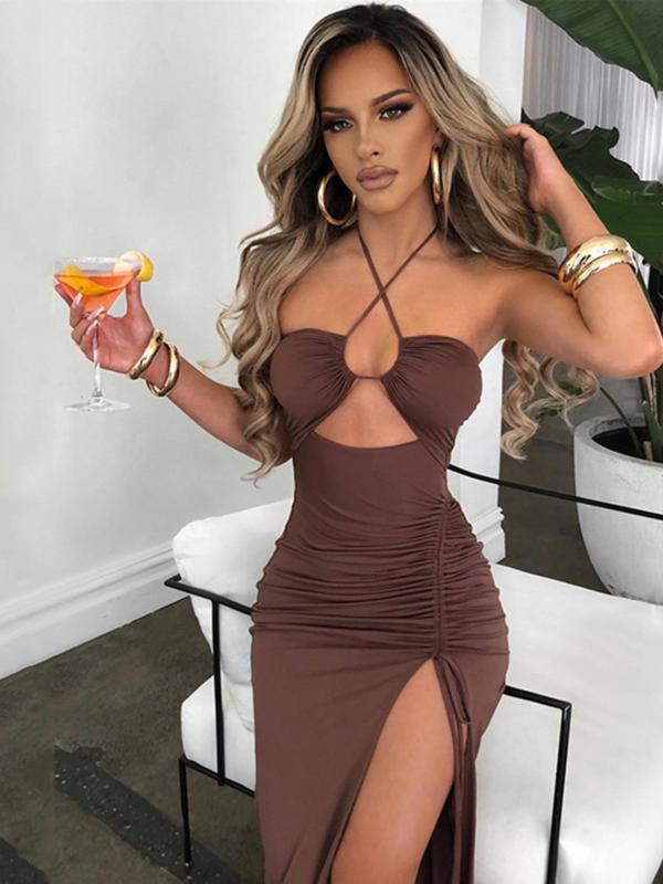 Women's Plain Criss Cross Drawstring Ruched Split Thigh Bodycon Dress, Summer Dresses, Backless Cut Out Halter Long Dress, Dresses for Women, Party Nightclub Clothes, Back To School Clothes, Sun Dresses, Women's Fall Clothing, Birthday Dresses 2024