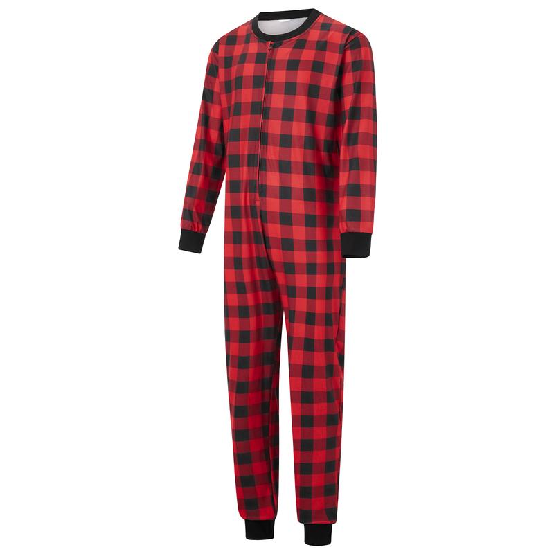 Matching Christmas Pajamas For Family Plaid Print Long Sleeve Button Down Full Length Jumpsuit Holiday Sleepwear