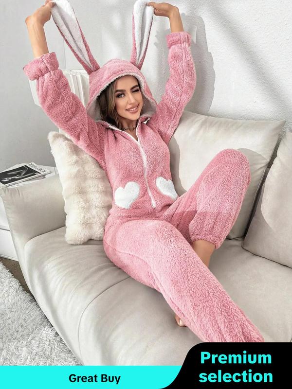 Women's Heart Pattern 3D Rabbit Ear Design Loung Hooded Onesie, Cute Zipper Long Sleeve Sleepwear, Casual Comfy Sleepwear for Fall & Winter Onesies Pajama