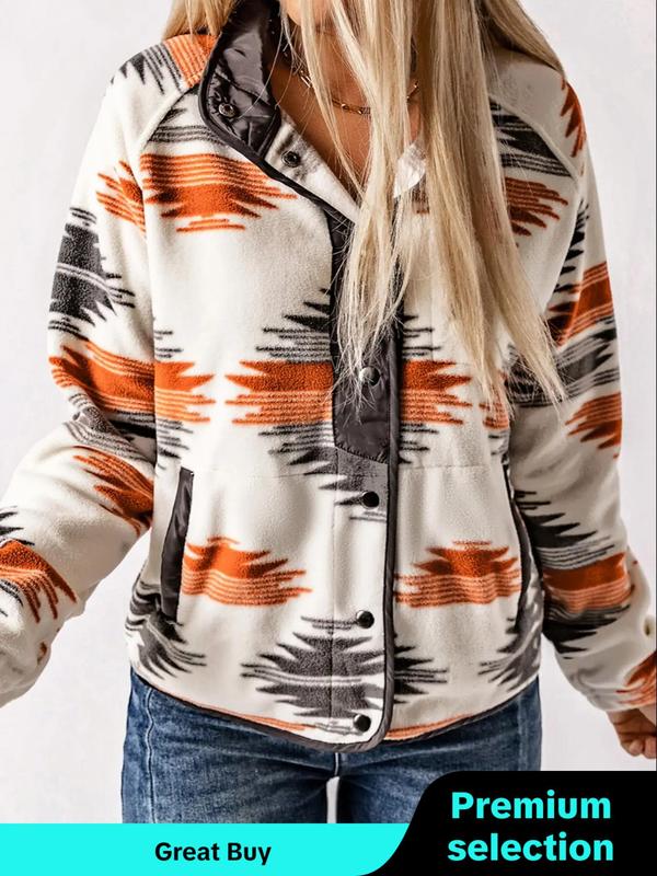 Women's Geometric Print Pocket Button Front Zipper Polar Fleece Spring Jacket, Casual Stand Collar Long Sleeve Outerwear for Fall & Winter, Women's Clothes for Daily Wear, Jackets & Coats, Fall Outfits, Fall Clothes, Preppy 80s Clothes