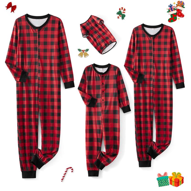 Matching Christmas Pajamas For Family Plaid Print Long Sleeve Button Down Full Length Jumpsuit Holiday Sleepwear