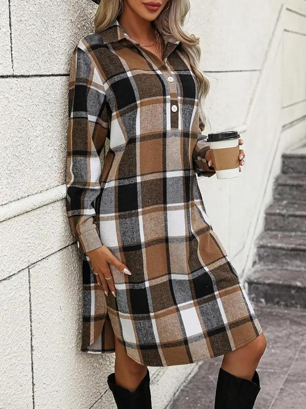  Women's Plaid Print Button Front Split Hem Shirt Dress, Casual Long Sleeve Collared Dress for Fall & Winter, Women's Clothes for Daily Wear, Dresses for Women, Winter Dresses