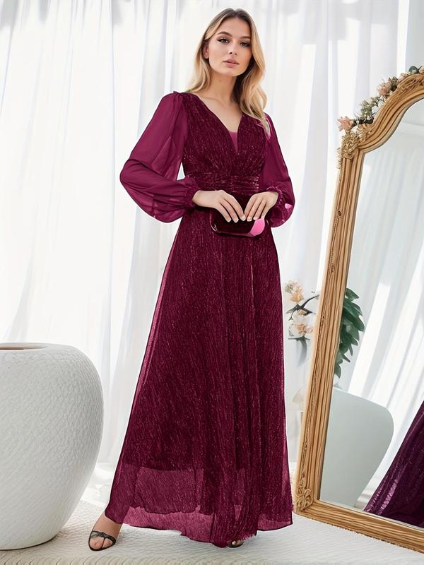 Women's Glitter Bishop Sleeve V Neck Maxi Dress, Elegant Long Sleeve A Line Dress for Party Holiday Wedding Guest, Ladies Clothes for All Seasons