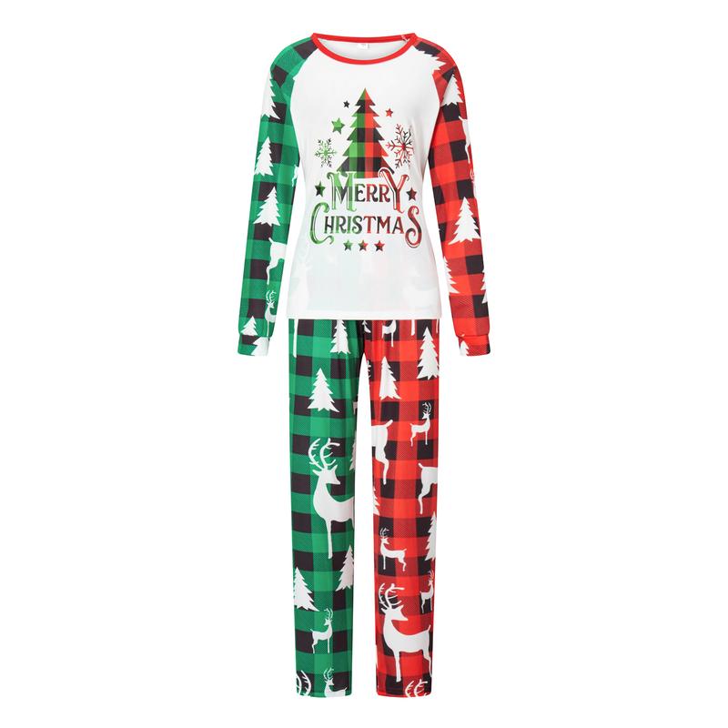 Christmas Family Pajamas Matching Set Parent-child Christmas Tree Letter Print Contrast Color Long Sleeve Tops and Plaid Pants Sleepwear