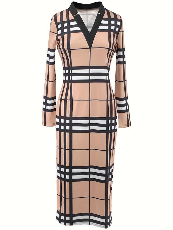 Women's Plaid Print Notched Neck Bodycon Dress without Belt, Elegant Long Sleeve Midi Dress for Party Holiday Wedding Guest, Women Birthday Party Dress 2024, Ladies Clothes for All Seasons