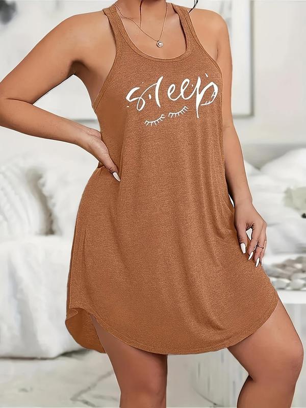  Letter & Eyelashes Print U Neck Curved Hem Nightdress, Casual Soft Comfortable Racer Back Sleeveless Nightgown for Women, Women's Sleepwear for All Seasons