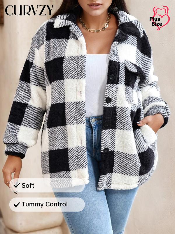 Curvzy Plus Size Plaid Print Button Front Pocket Plush Coat, Casual Long Sleeve Drop Shoulder Collared Jackets Outerwear for Fall & Winter, Women's Clothes for Daily Wear, Black Friday Haul