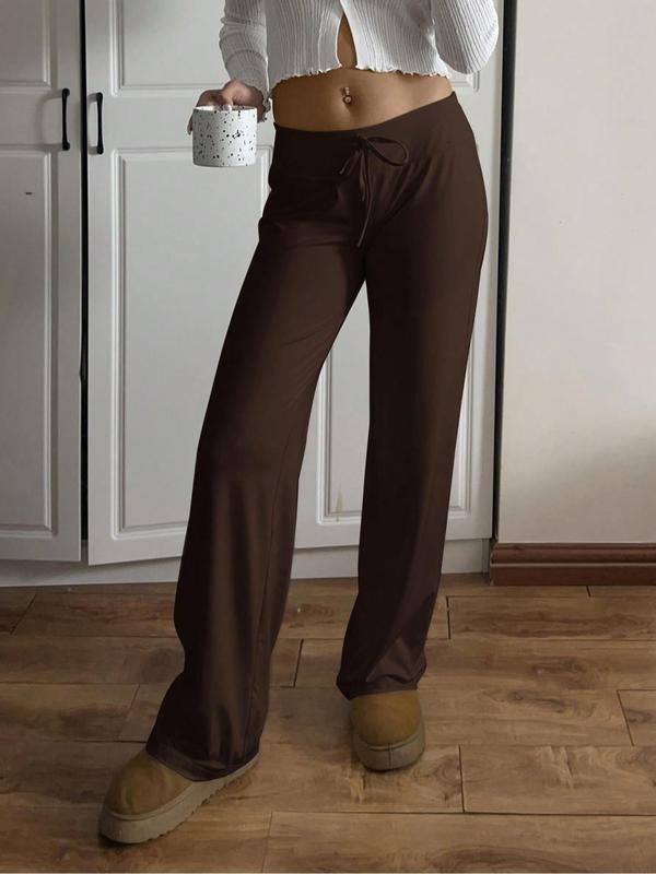 Women's Solid Drawstring Waist Flare Leg Pants, Casual Comfy Trousers for Daily Wear, Ladies Bottoms for Fall & Winter