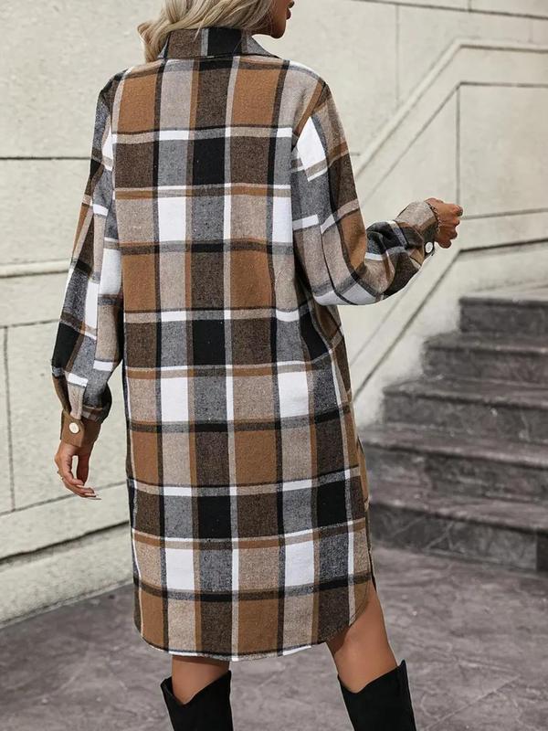  Women's Plaid Print Button Front Split Hem Shirt Dress, Casual Long Sleeve Collared Dress for Fall & Winter, Women's Clothes for Daily Wear, Dresses for Women, Winter Dresses