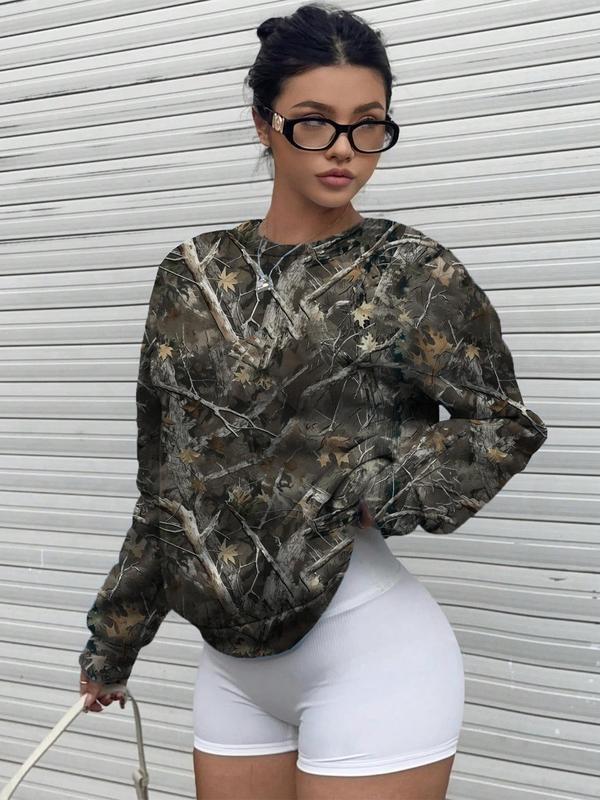 Women's Camo Print Drop ShoulderPulloverCasual  Round NeckSweatshirt forFall & Winter, Women's Clothes forDaily Wear Womenswear Hoodie Tops Longsleeves christmas 2024 ornament