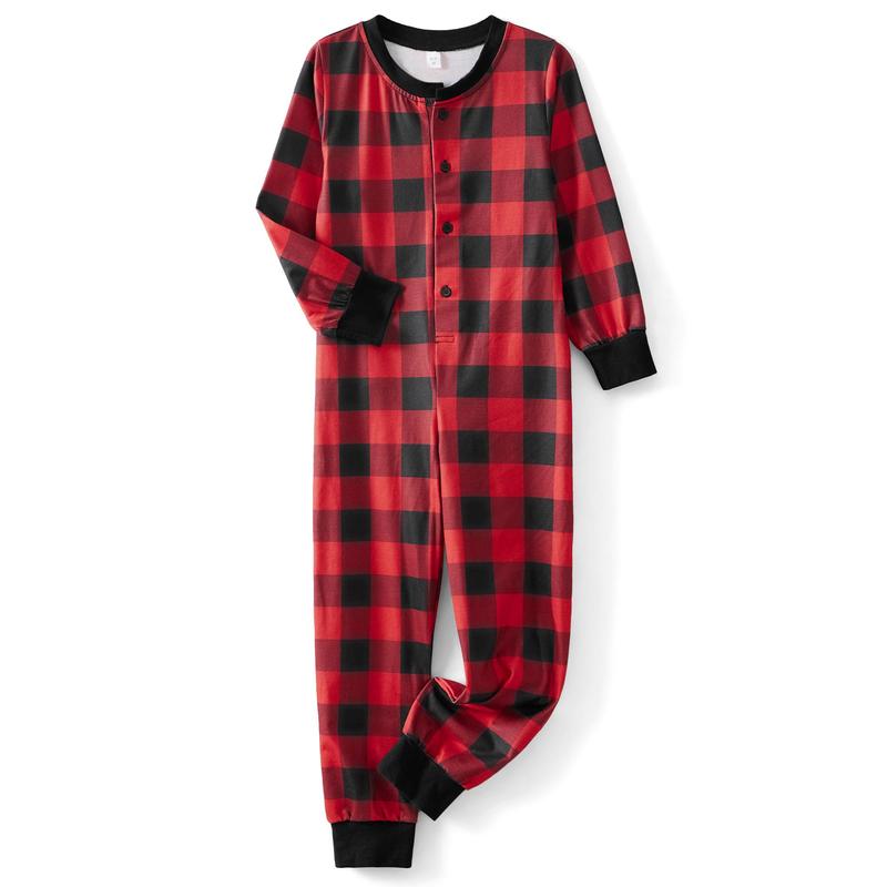 Matching Christmas Pajamas For Family Plaid Print Long Sleeve Button Down Full Length Jumpsuit Holiday Sleepwear