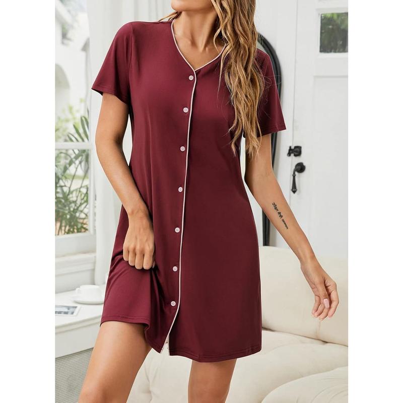 HOCOSIT Womens Short Sleeve Nightshirt Button Nightgown V-Neck Boyfriend Sleepshirt Pajama Dress S-XXL A6017