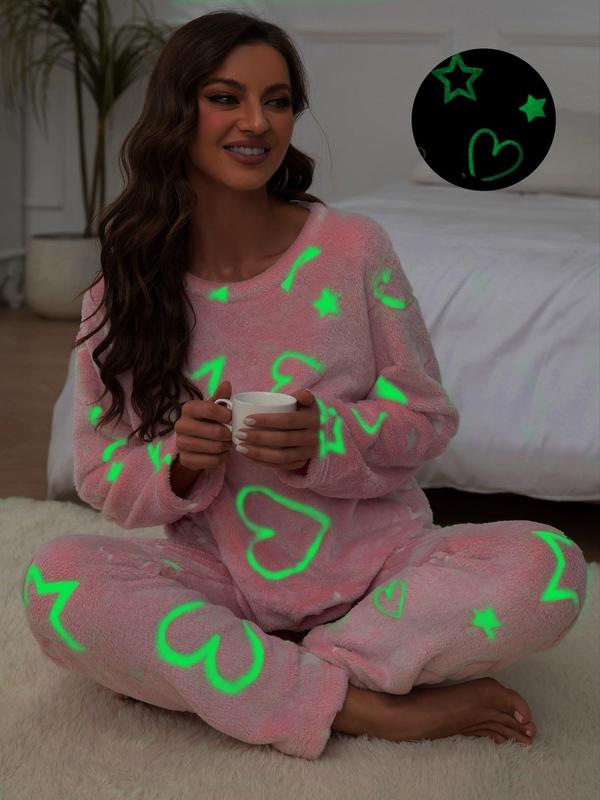 Women's Glow in The Dark Heart & Star Print Pyjama Set, Casual Long Sleeve Round Neck Top & Elastic Waist Pants Lounge Set, Cold Weather Gear, Fall Wear, Fallfreshness, Pajama Sets Women, Women's 2 Piece Sets, Lounge Set for Women