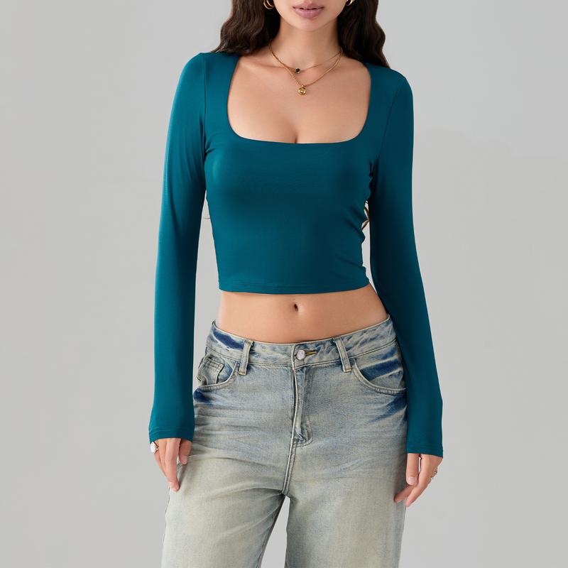 Women's Slim Fit Going Out Crop Tops Casual Solid Color Square Neck Long Sleeve Tight Tee Shirt Basic Streetwear