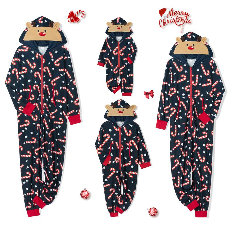 Family Matching Christmas Jumpsuit Deer Pajamas Candy Cane Print Holiday Pajamas Sleepwear Dad Mom Kids PJs Family Gathering Cute Clothing Sets For Couple Matching Clothes