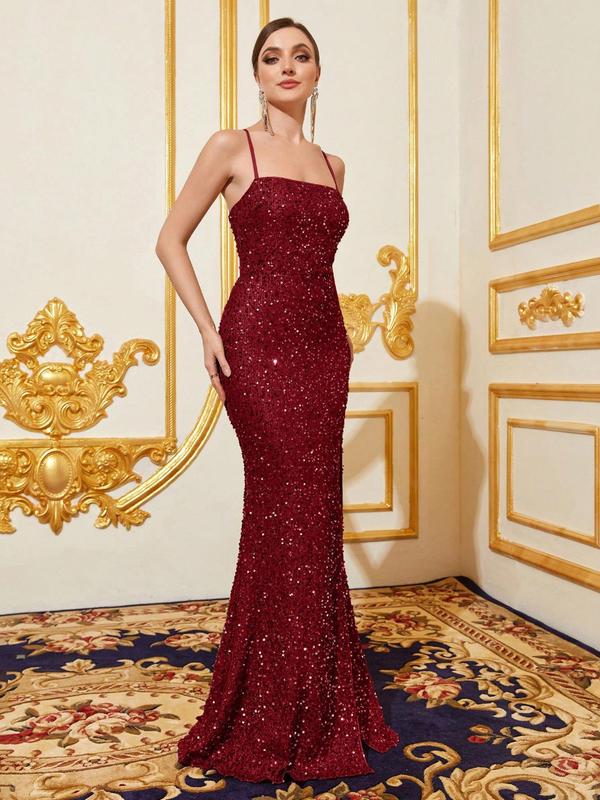 Women's Glitter Sequin Backless Split Thigh Cami Evening Dress, Elegant Formal Wear, Elegant and Classy Formal Dresses, Lace Up Spaghetti Strap Maxi Bodycon Dress for Party Banquet, Ladies's Clothes for All Seasons