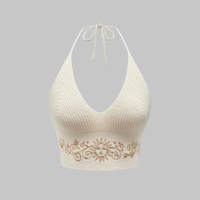 ROMWE Hippie Summer Sexy Embroidered Backless Halter Knitted Top