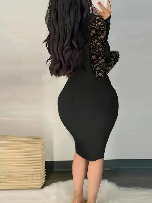 Women's Contrast Lace Sweetheart Neck Bodycon Dress, Elegant Long Sleeve Knee Length Dress for Party Dating Wear,  Dresses for Women, Women's Clothing for Fall & Winter