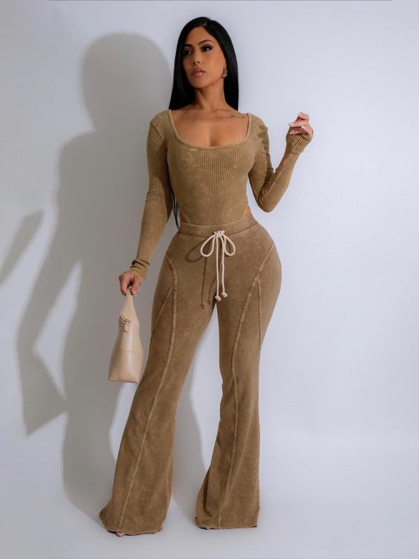 Women's Solid Long Sleeve Crop  Bodysuit & High Waist Flare Leg Pants Two-piece Set, Casual Fashion Cozy Two Piece Outfits for Daily Outdoor Wear, Women Clothes for Fall & Winter