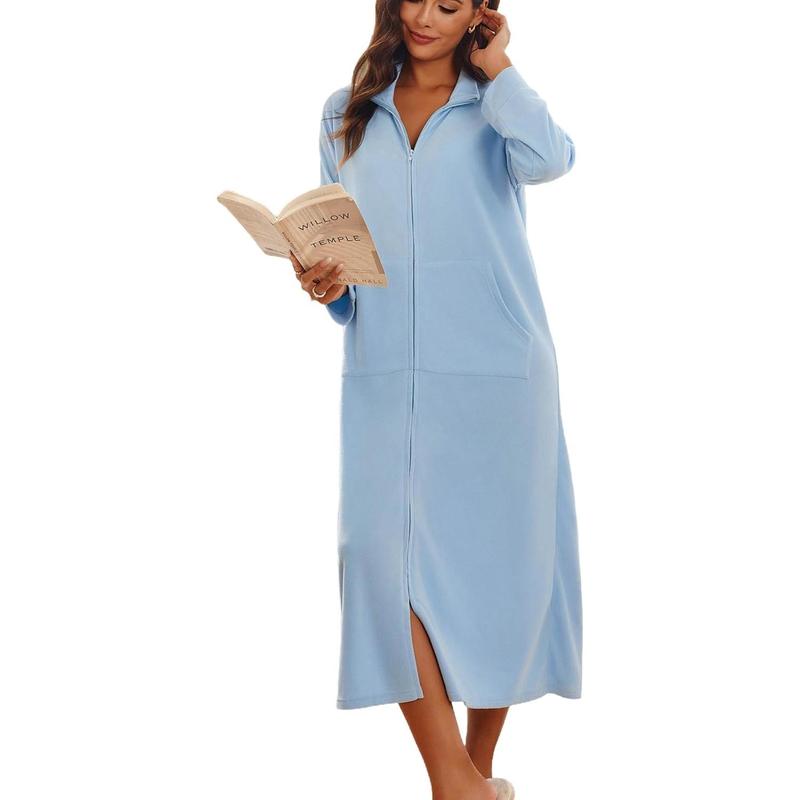 Zipper Robe Sleeves Coat Bathrobe Sleepwear Pockets Housecoat Loungewear SXXL