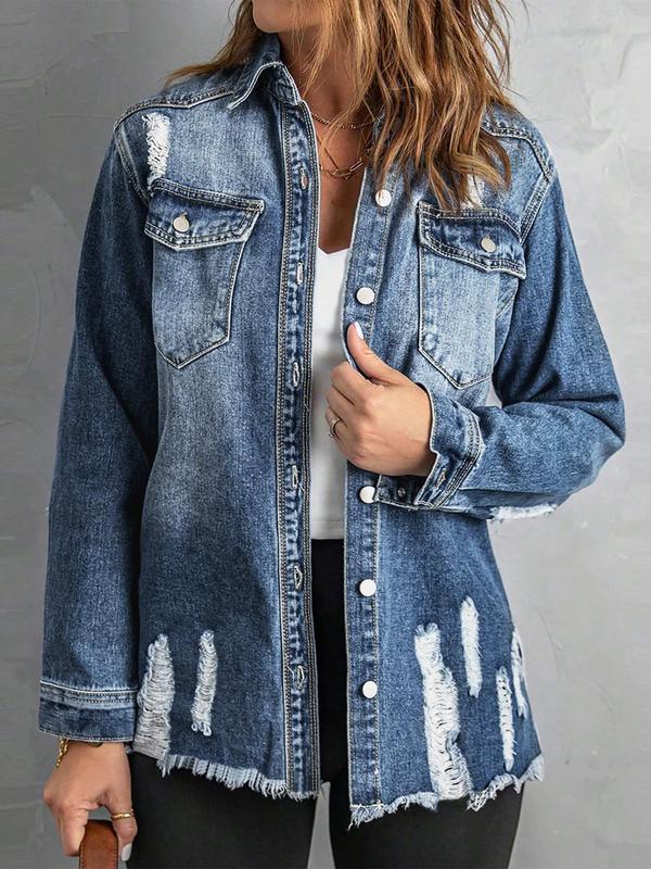 Women's Plain Ripped Raw Hem Button Front Denim Jacket, Casual Long Sleeve Collared Pocket Outerwear for Daily Wear, Winter Clothes Women, Ladies Clothes for All Seasons