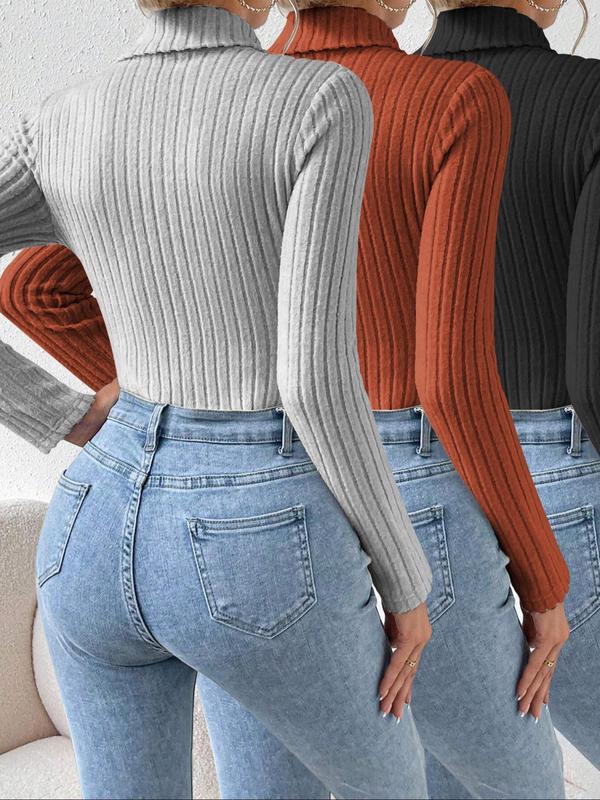 Women's Solid Long Sleeve Ribbed Bodysuit, Casual High Neck Tops Bodysuit for Daily Outdoor Wear, Women's Clothes Tummy Control Bodysuit, Basic Minimalist Comfort Longsleeves Womenswear for Lady, Fall Gift Bodycon  North West Body Suit