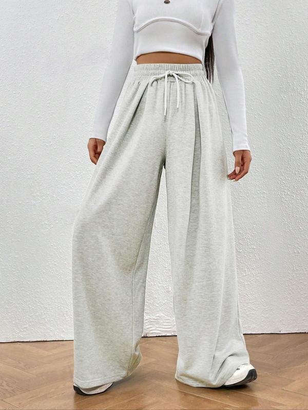 Women's Plain Drawstring High Waist Sweatpants, Casual Wide Leg Pants for Fall, Minimalist Maxi Trouser, Ladies Bottoms for Daily Wear, Downtown Girl Clothes